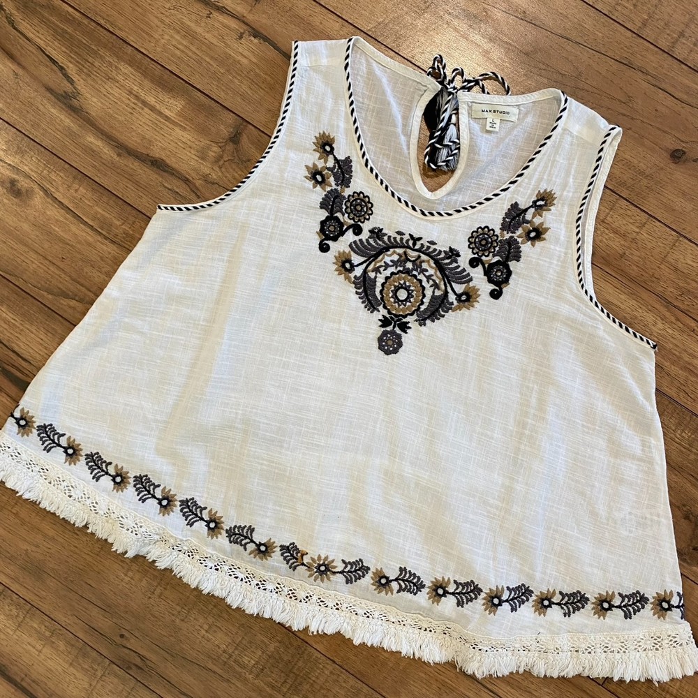Max Studio Cotton Embroidered Crochet Swing Tank Top Size Large